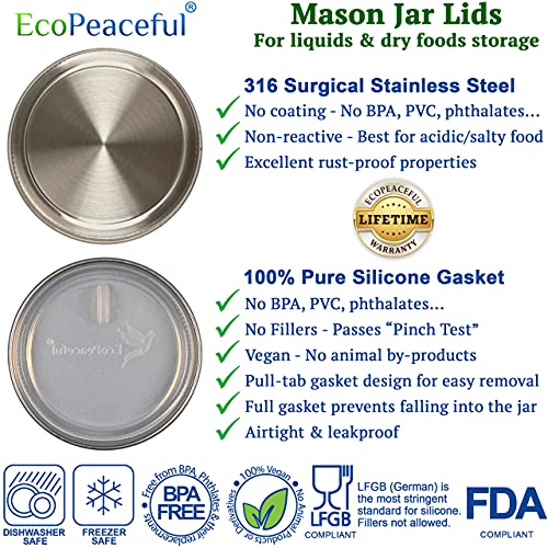 Ecopeaceful 316 Surgical Stainless Steel Mason Jar Lids Regular Mouth - Rust-Proof, Airtight, Leak-Proof, Bpa-Free, Pvc-Free, Vegan, Reusable - Not For Canning #TOP1