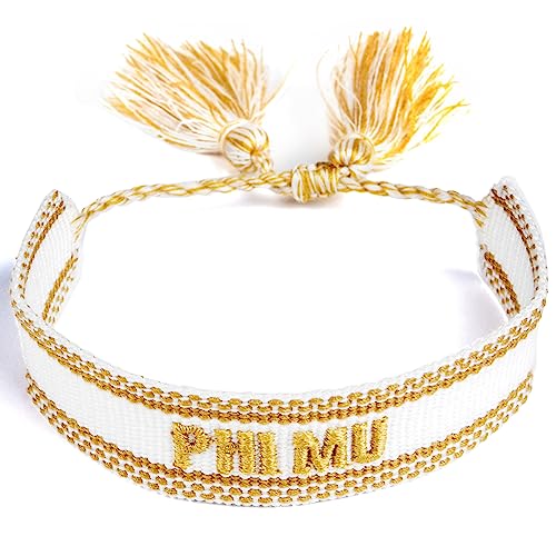 Sorority Shop Phi Mu Bracelet β Woven Bracelet, White and Gold Design with PM Sorority Name and Tassels, Greek Sorority Jewelry and Big Little Sorority Gifts