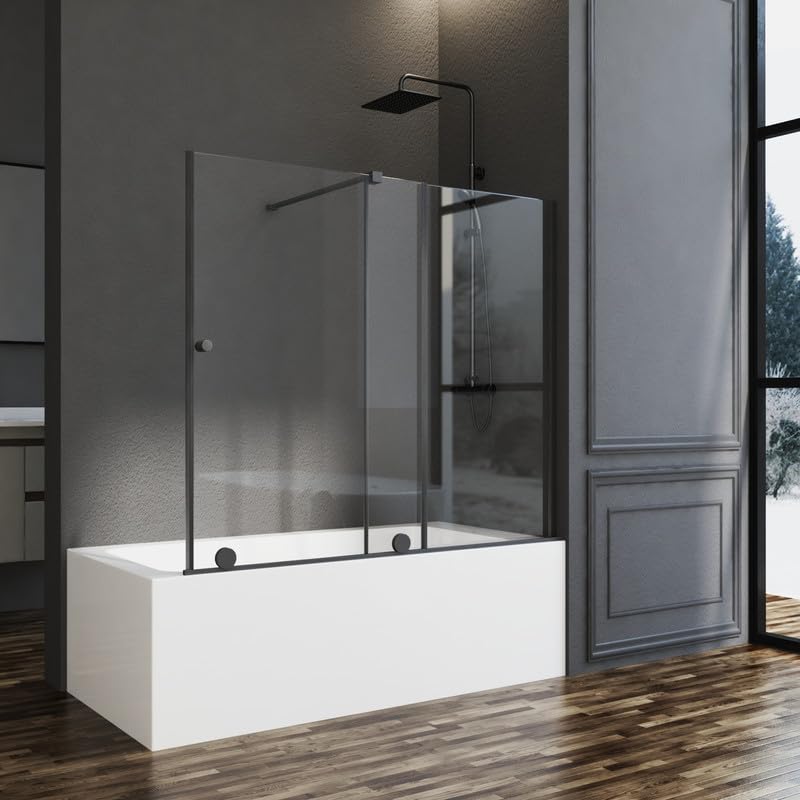 Goezes Duschwand für Badewanne mit Schiebetür 125x120cm, Schwarz Badewannenaufsatz Duschtrennwand Schiebetüren ausziehbar 70-125 cm, Duschabtrennung für Badewanne aus 6mm ESG Glas