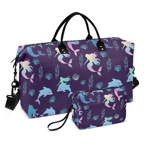 Gradient Mermaid Seashell Large Travel Duffle Bag Weekender Overnight Bags Gym Yoga Bag for Women Men with Toiletry Bag