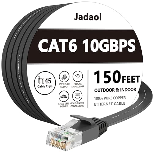 Jadaol Cat6/Cat6A Ethernet Cable 150FT Flat with Clips 10Gbps Network Black