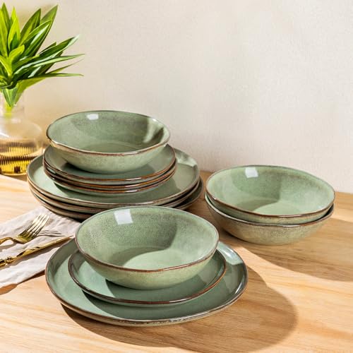 Image of AmorArc Ceramic Dinnerware Sets for 4, 12Pcs Plates and Bowls Sets Dishes | Stoneware Handmade Reactive Glaze Dinner Set, Highly Scratch Resistant | Dishwasher & Microwave Safe Dishware