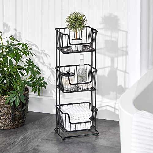 Mdesign Tall 3 Basket Tiered Bathroom Holder, Metal Wire Floor Stand Storage Layered Rack With Three Tier Storage Shelving Bathroom Organizer Bins For Bath Towels, Hand Soap, And Toiletries - Black #TOP1