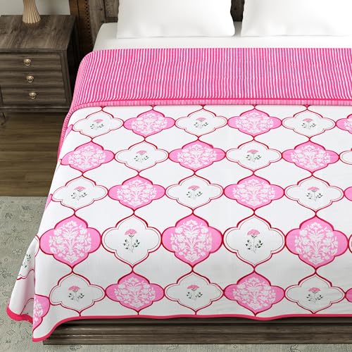 Image of BLOCKS OF INDIA 100% Cotton Dohar King Size Reversible Hand Block Printed Malmal Summer Dohar /Blanket (MUGHAL Pink)