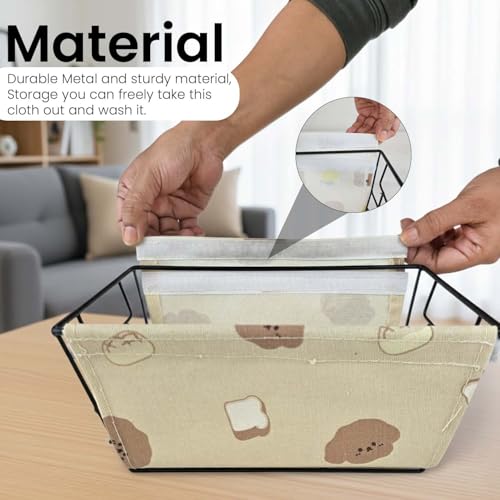 Image of Go Hooked Metal Storage Basket with Removable Fabric Liner | Cute Bread & Bear Print Multipurpose Organizer for Home, Bathroom, Kids Room & Desk | Decorative Wire Basket for Fruits, Toys, Snacks