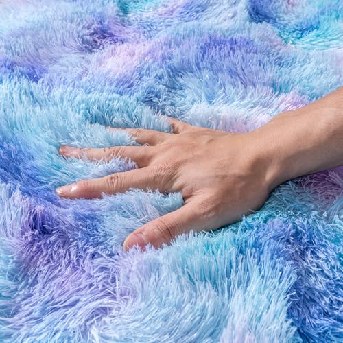 Small Rugs for Bedroom, Fluffy 2x3 Rug Throw Non Slip for Bedside Dorm Kids Room, Plush Comfy Shag Carpet for Home Decor Aesthetic, Rainbow Purple