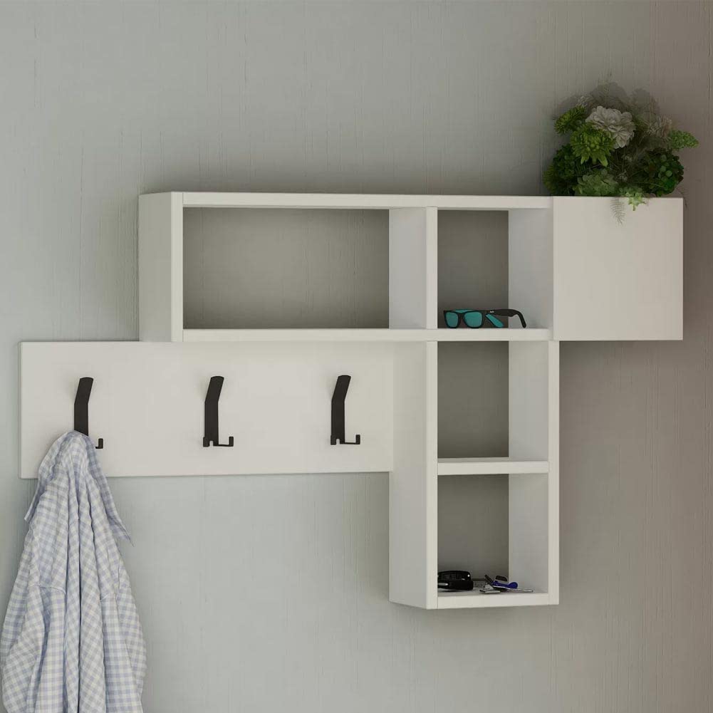 BAKAJI Appendiabiti Attaccapanni da Parete Muro con 9 Ganci Appendi Abiti e Scaffale Libreria 3 Ripiani Portaoggetti In Legno MDF Bicolore Design Moderno Dimensione 99,5 x 61 x 15 cm (Bianco)