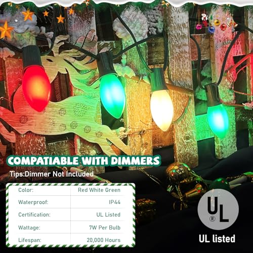 Image of C9 Red White and Green Christmas Lights Outdoor, 25Ft Vintage Christmas String Lights with 26 Multicolor Ceramic Bulbs, Hanging Christmas Decorations Lights Waterproof for Holidays Roofline Party