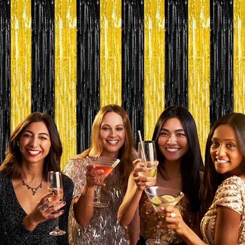 Image of ZATAYE 2 Pack Black Gold New Years Eve Foil Curtain Streamer Decorations | Black Gold, Metallic Foil, 3.28 x 7.05 FT, Tinsel Backdrop, Foil Curtain Streamer, New Years Eve Party