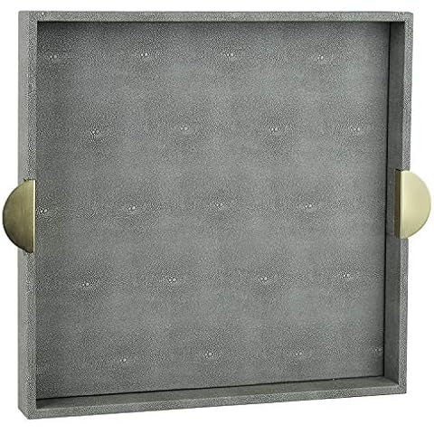 HofferRuffer Faux Leather Decorative Serving Tray, Elegant Coffee Table Tray, Ottoman Tray, Breakfast, Drinks, Liquor Serving Platter, Dark Grey Shagreen Finish with Gold Hardware Handle (Square) Cover