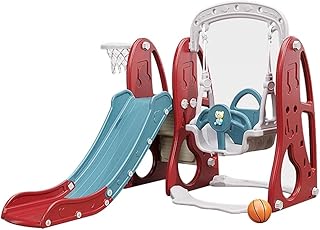 Toddler Slide 4 in 1 Toddler Slide and Swing Set, Kid Slide for Toddlers Age 1-8, with Basketball Hoop, Indoor Outdoor Slide Toddler Playset Toddler Playground (Color : Red)