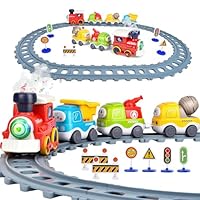 Electric Train Set for Toddlers,Train Toys with Lights,Realistic Music Sound, Steam Spray,Traffic Sign, Magnetic Train Connection Car Toys with Tracks,Christmas Birthday Gifts for Kids Boys Girls