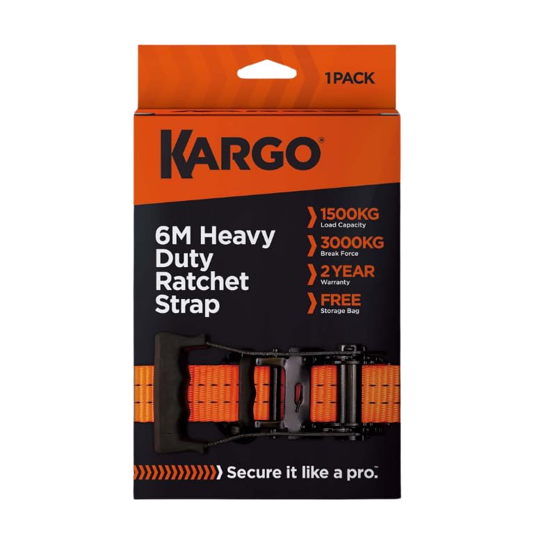 Kargo™ 6M Heavy Duty Ratchet Strap - 1,500kg Load Capacity, 35mm Polyester Webbing, EN12195-2 Certified, Rubber-Coated Claw Hooks