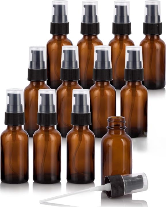 JUVITUS 1 oz Amber Glass Boston Round Bottles with Treatment Pump, 12 Pack