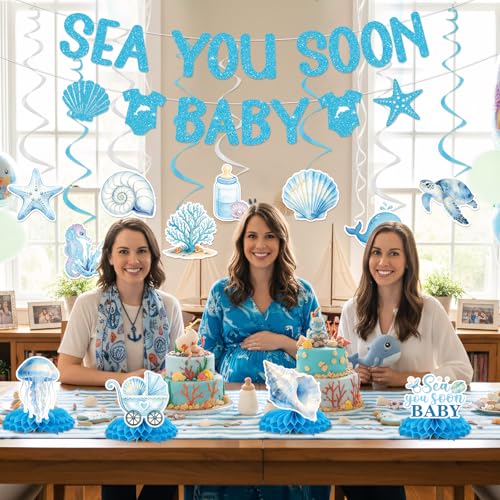 Image of Under The Sea Party Decorations - 14 Pcs Sea You Soon Baby Shower Banner Hanging Swirls Honeycomb Decorations, Blue Summer Ocean Seashell Theme Decor Supplies for Boys Girls