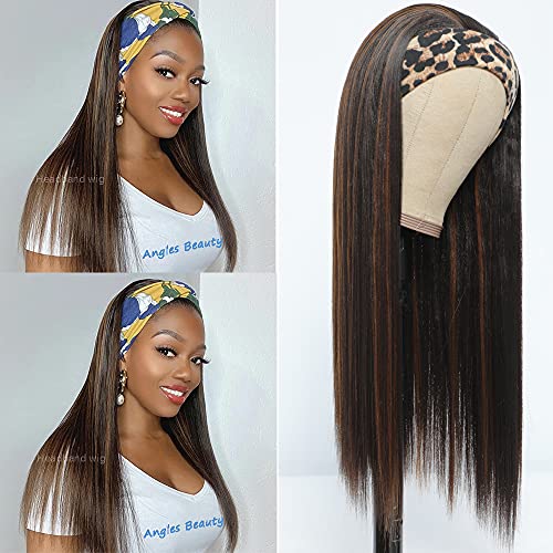 Highlights Headband Wig for Women Black/Brown Long Straight Headband Wig Premium Synthetic Headband Wig Natural Glueless None Lace Front Wigs with Headbands & Wig Caps (22 Inch Black/Brown)