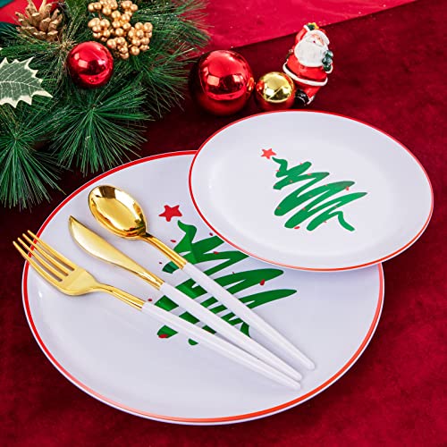 Supernal Christmas Plastic Plates, Gold Plastic Cutlery – 180pcs Elegant Disposable Dinnerware with White-Gold Knives/Forks/Spoons, GoldRim Clear Tumblers, Premium Christmas Tableware for 30 Guests – Image 4