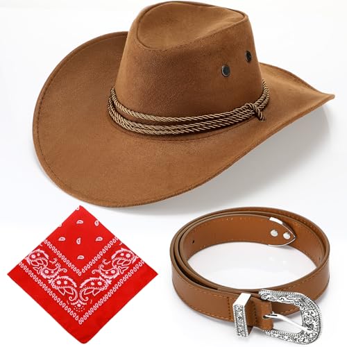 Image of Haysandy Halloween Men Cowboy Costume Hat with Bandana Belts Cowboy Cowgirl Hat Wide Cowgirl Brim Costume Accessories