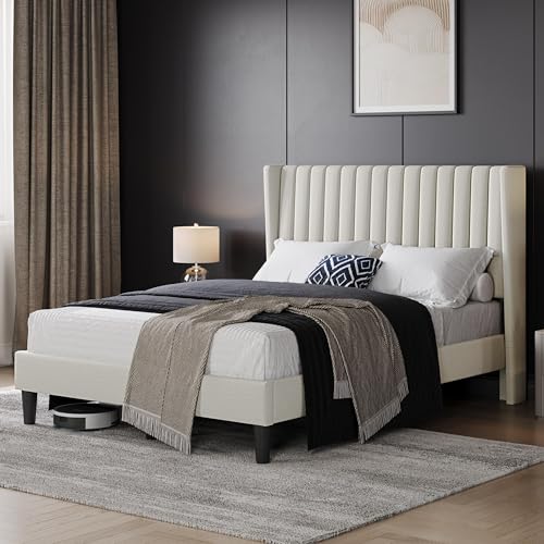 Image of Yaheetech Full Bed Frame with Headboard,Ivory Channel-Tufted Platform