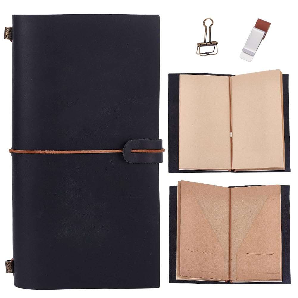 ORIGACH Genuine Leather Travel Notebook, Vintage Travelers Notebook, Black