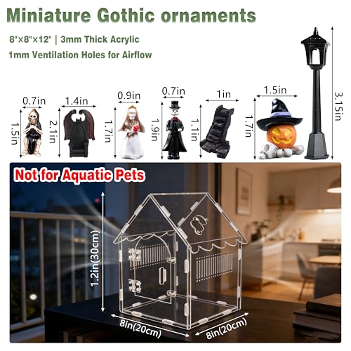 Image of Acrylic Jumping Spider Enclosure with Gothic Decor Kit | magnetic lock, feeding port, climbing wall, hide, plants, and gothic figurines