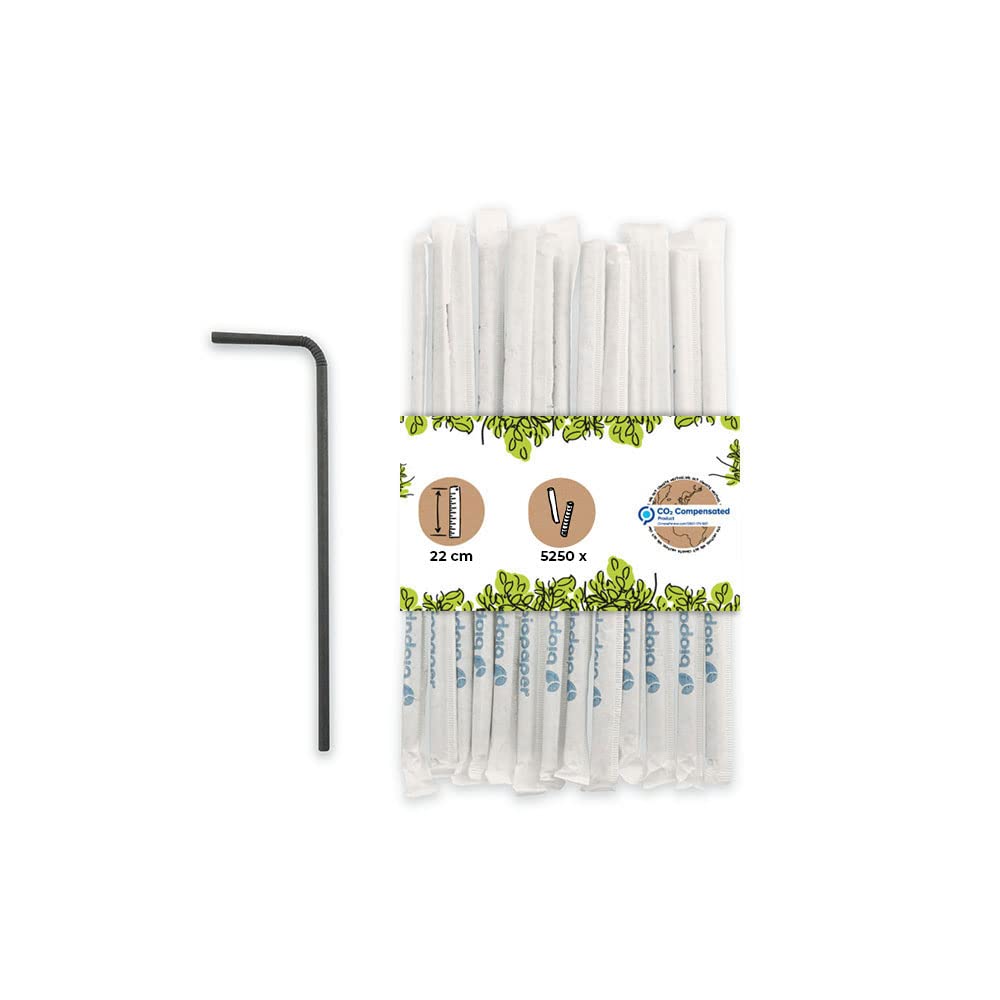 BIOZOYG Pajitas de papel 22cm I pajita negra 5mm Ø I pajita biodegradable I pajitas de fiesta para cócteles envasadas individualmente I pajitas de papel flexibles 5250 piezas