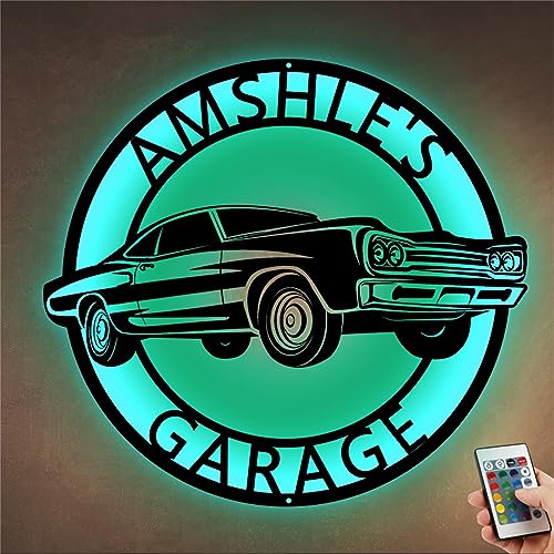 Personalized Name Garage Sign with LED Light Custom Name Work Shop Wall Art Light Repair Tools Wall Art Decor Man Cave Name Sign Mechanic Repair Neon Lamp for Men Boy Dad