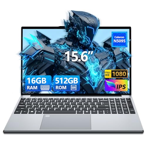 15,6 Pulgadas Ordenador Portátil FHD, Procesador Celeron N5095 (4C/4T, hasta 2,9 Hz) 16GB RAM DDR4 512GB SSD WiFi USB 3.0 HDMI BT PC Portátil Desbloqueo Huella Dactilar Teclado Numérico Retroiluminado