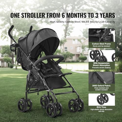 Image of VEVOR Lightweight Stroller, Compact Easy Fold Multiposition Recline Canopy Backrest, Carbon Steel Frame, Large Storage Basket,Cup Holder, Umbrella Toddler Baby Stroller for Travel and More, Black