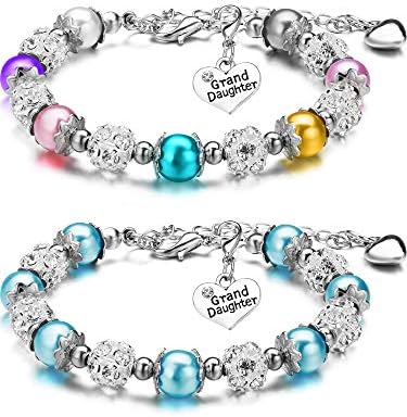 2 Pieces Girls Charm Bracelets Gifts for Granddaughter Niece Sister Crystal Rhinestone Heart Beaded Bracelets Jewelry (Fresh Ball Style)