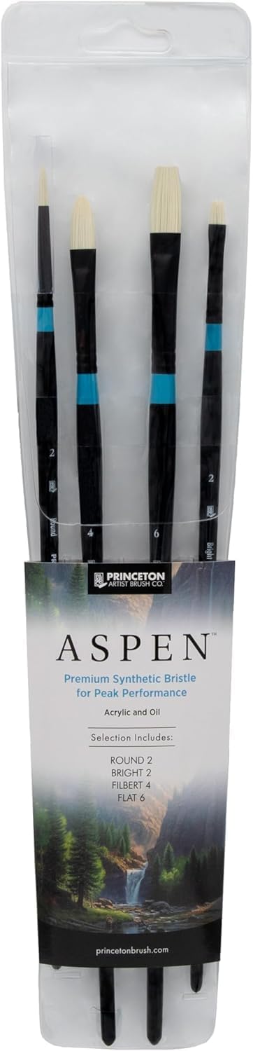 Princeton Aspen Professional Paint Brush Set, 4-Piece Long Handle Synthetic Brushes with Medium-Stiff, No-Shedding Bristles for Acrylic, Oil & Water-Soluble Oil Painting