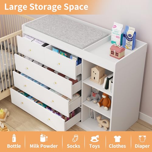 Image of 47.2 inch White Nursery Dresser with 5 Drawers and 3 Open Shelves Changing Table Dresser with Changing Table Top Diaper Changing Station with Storage for Nursery Children's Room