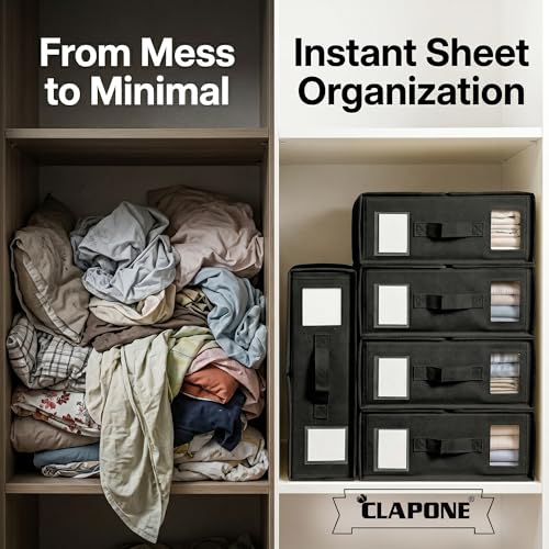 Image of CLAPONE Bedsheet Organizer Storage Box, Foldable Clothes Storage Container, Non-Woven Closet Organizer for Bedding, Blankets, Comforters & Underbed Storage (Black, Pack Of 4)