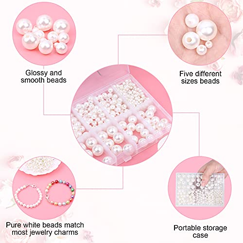470PCS Pearl Beads for Crafts, Kanzueri 4mm 6mm 8mm 10mm 12mm Round Pearl Beads Loose Bracelet Pearls White Pearl Beads with Hole for DIY Craft Necklaces Choker Jewelry Repairing Making