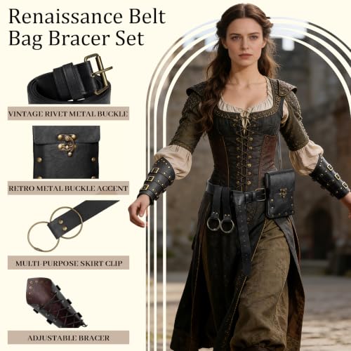 Image of Renaissance Belt Pouch Medieval Viking Leather Bracers Set for LARP