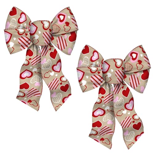 2 PCS Valentine's Day Wreath Bows Valentines Brown Red Pink Love Hearts Burlap Fabric Bows for Wreath Valentines Decor Ribbon Bows for Valentine's Day Party Wedding Indoor Outdoor Decoration Supplies
