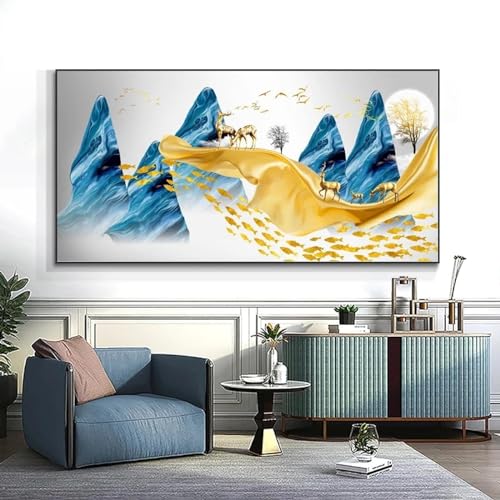 Peinture sur toile montagne élan KEBIA tableau sérénité or pour maison