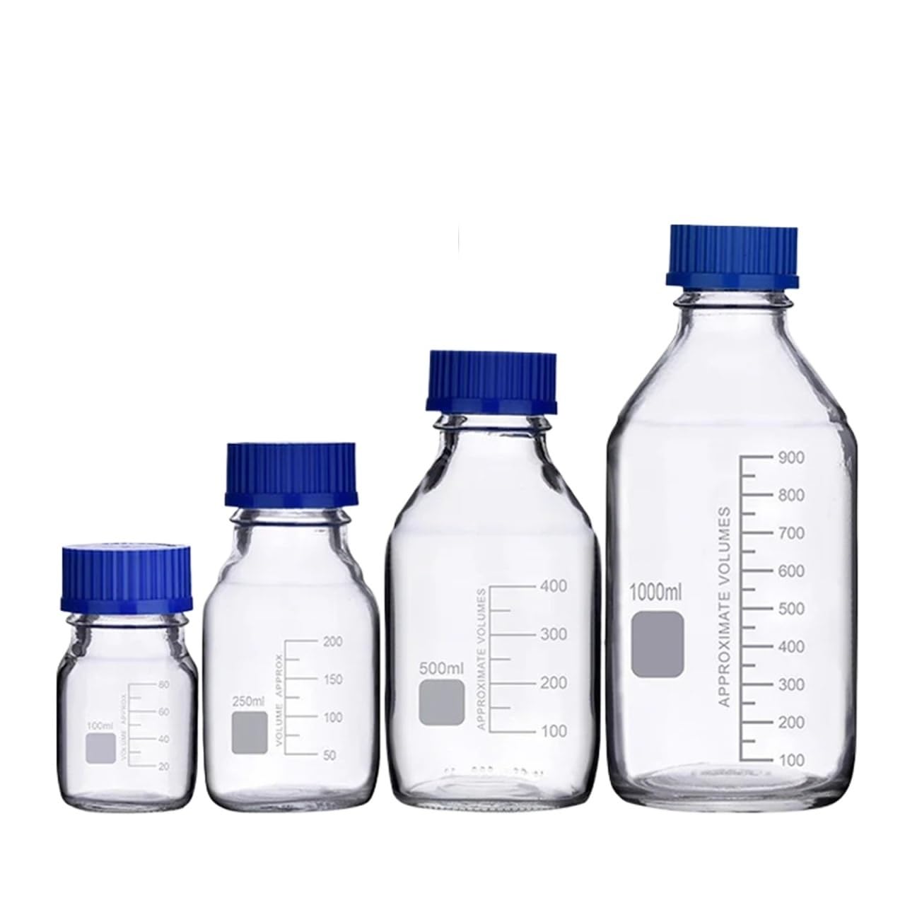 Botella de reactivo de vidrio de borosilicato de laboratorio transparente de 100ml 250ml 500ml 1000ml con tapa azul de tornillo