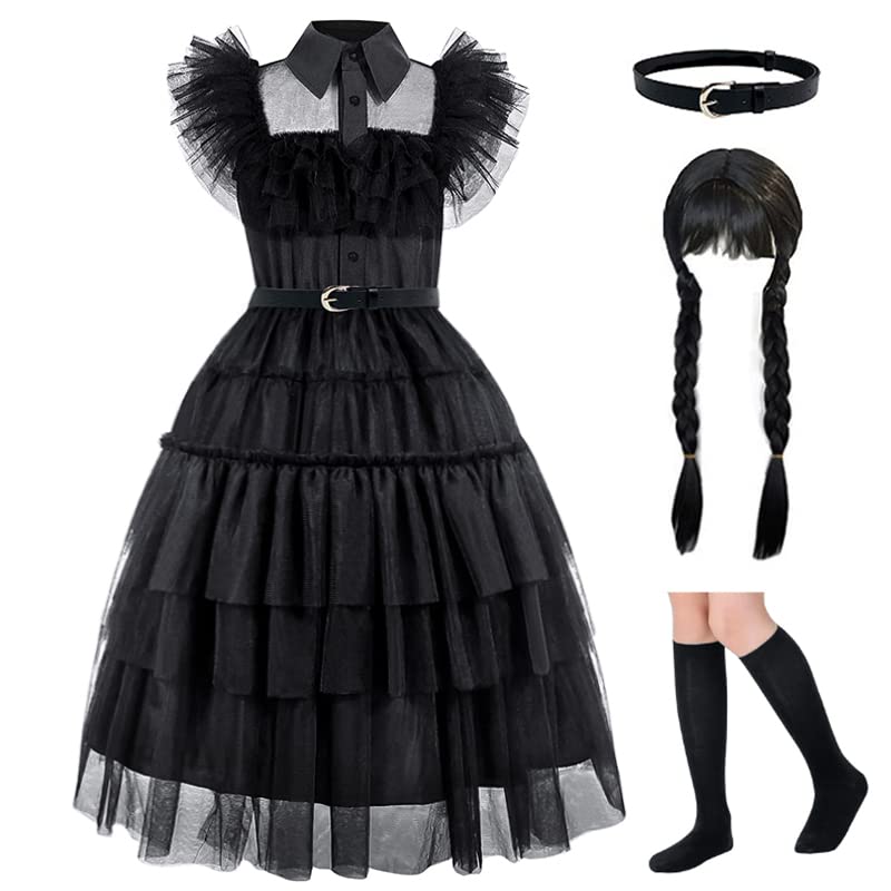 Zalongye Black Wednesday costume girls dress for Kids Wednesday Family Costumes Halloween Cosplay Party Dress 4-13Y(120)