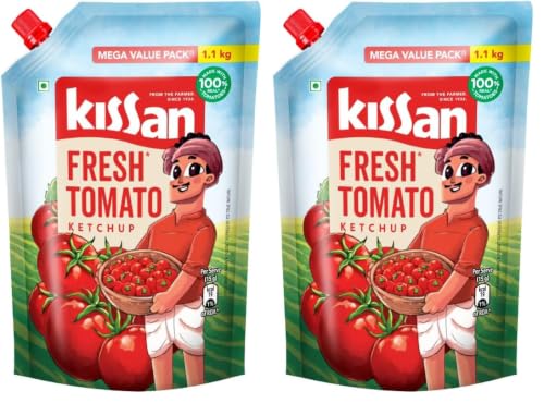 Image of KISSAN Fresh Tomato Ketchup Pouch, 1.1 Kg, for Tasty and Fun Recipes, with Real Juicy Tomatoes, Made with Naturally Ripened Tomatoes, Trusted by Indian Families (Pack of 2)