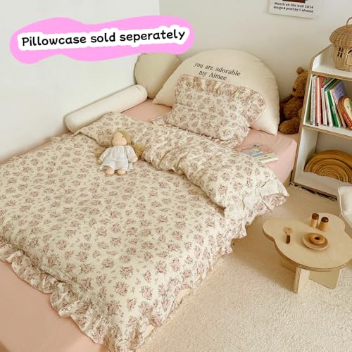 Image of BuLuTu Girls Toddler Kids Duvet Cover Pink Floral Chic Duvet Covers with Ruffles Muslin Cotton Soft Comforter Cover, 47 inchx59 inch, Soft Lightweight, Machine Wash, No Pillowcases /Comforter