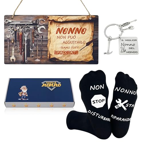 qianduoduo Regalo Nonno Compleanno, Idee Nonno Regalo, Regali per Nonno Natale, Regalo Festa Del Nonno (Targa in legno con scritta, Portachiavi, Calzini Cotone Antiscivolo)