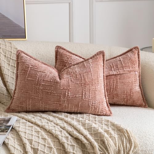Madizz Lot de 2 Housses de Coussin d'Appoint en Chenille avec Bordure Décoratives Douces pour Canapé, Chambre & Salon Décoration Maison Moderne Rose 30x50 cm