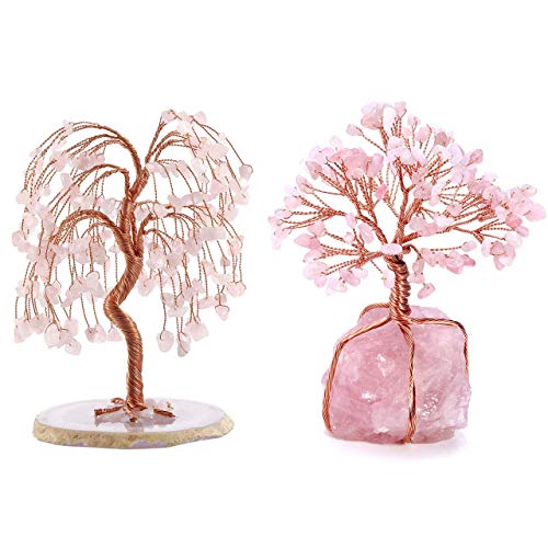 Top Plaza Bundle - 2 Items: Healing Crystals Rose Quartz Copper Money Tree Lucky Reiki Feng Shui Figurine Statue