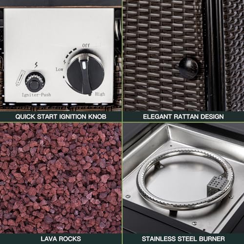 28 inch Wicker Propane Fire Pit Table,Gas Fire Pits Table for Outside,50000 BTU Propane Firepit with Lid &Lava Rocks,Gas Firepit for Garden,Yard (Brown Rattan) - Image 6