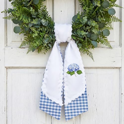 Yinder 2 Pcs Layered Wreath Sash for Front Door RIC Rac Trim Hydrangea Garland Ribbon Accessories Blue and White Gingham Summer Wreath Sash for Bow Bridal Shower Wedding Home Decor Indoor Outdoor