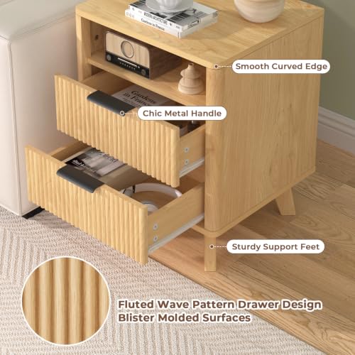 HOMMPA 18'' Fluted Nightstand with Charging Station, Modern Bedside Table, 2 Drawer Bed Side End Table with Open Compartment & 4 Support Legs, Wood Night Stand for Bedroom, Curved Profile Design - image 4