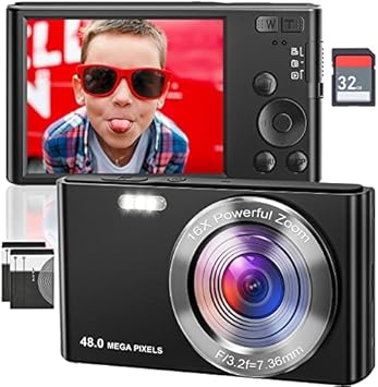 4k digital camera 48mp portable camera with 32gb sd card%ef%bc%8c mini digital videocamera 16x digital zoom autofocus point and shoot camera for st