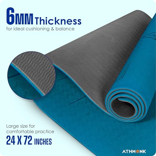 Image of Dual Colour TPE Pro Yoga Mat for Woman and Man with Alignment Guide Lines | Home Gym Equipment Exercise Mats for Workout | 6mm Thick Anti Slip Mat for Kids | Big Size with Cover Bag, Teal