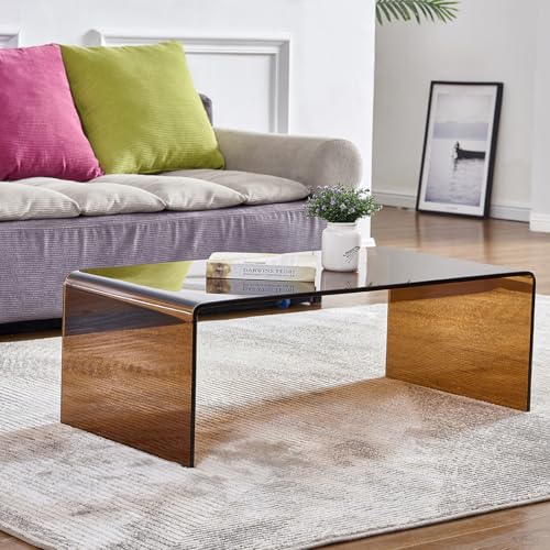 Premium Tempered Glass Coffee Table Small Modern Coffee Table for Living Room Match Well with Rug (Brown 39.4x19.7x13.8)